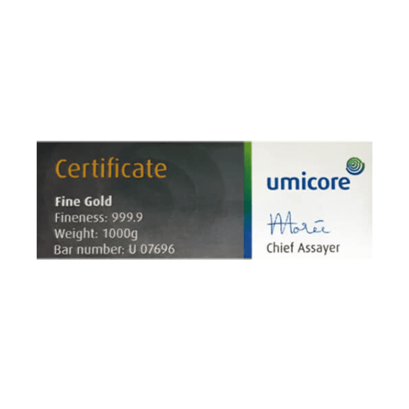 Umicore 1000 gram goudbaar certificaat