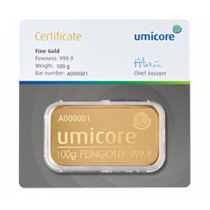Umicore 100 gram goudbaar (LBMA-gecertificeerd)