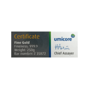 Umicore 250 gram goudbaar (LBMA-gecertificeerd)