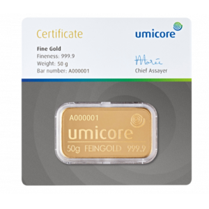 Umicore 50 gram goudbaar (LBMA-gecertificeerd)