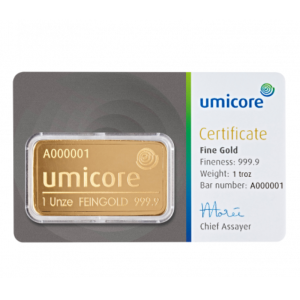 Umicore 1 troy ounce goudbaar (LBMA-gecertificeerd)