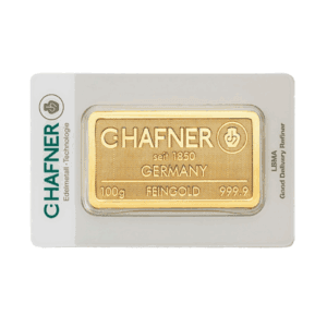 C. Hafner 100 gram goudbaar (minted) (LBMA-gecertificeerd)